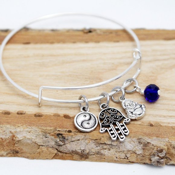 Yin Yang, Hamsa & Buddha Adjustable Charm Bangle - Handcrafted Hypoaller… - Picture 3 of 4